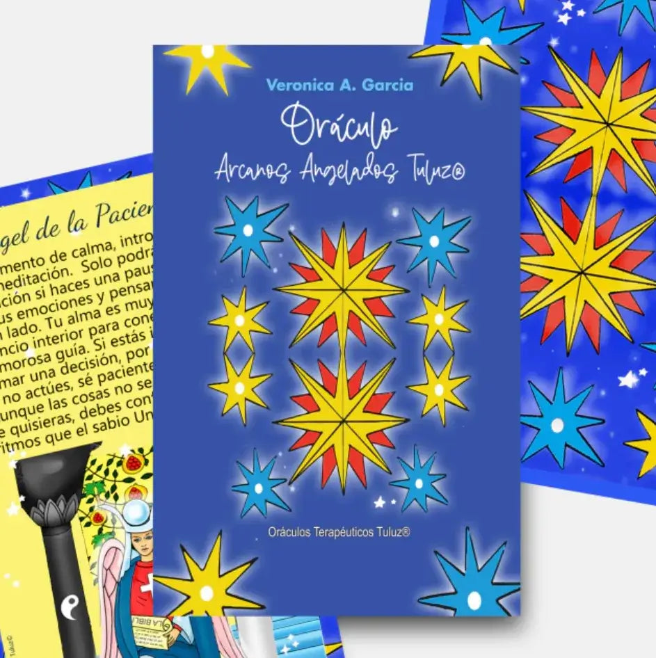 cartas oraculares con estrellas de color amarillo, rojo y celeste, del Oráculo de los Arcanos Angelados Tuluz©
