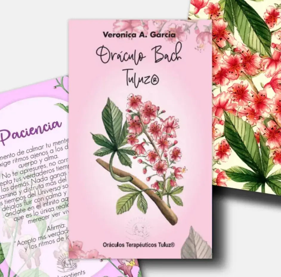 Cartas de color blanco y rosa, con dibujo de flores, representando el Oráculo De Las Flores de Bach Tuluz©